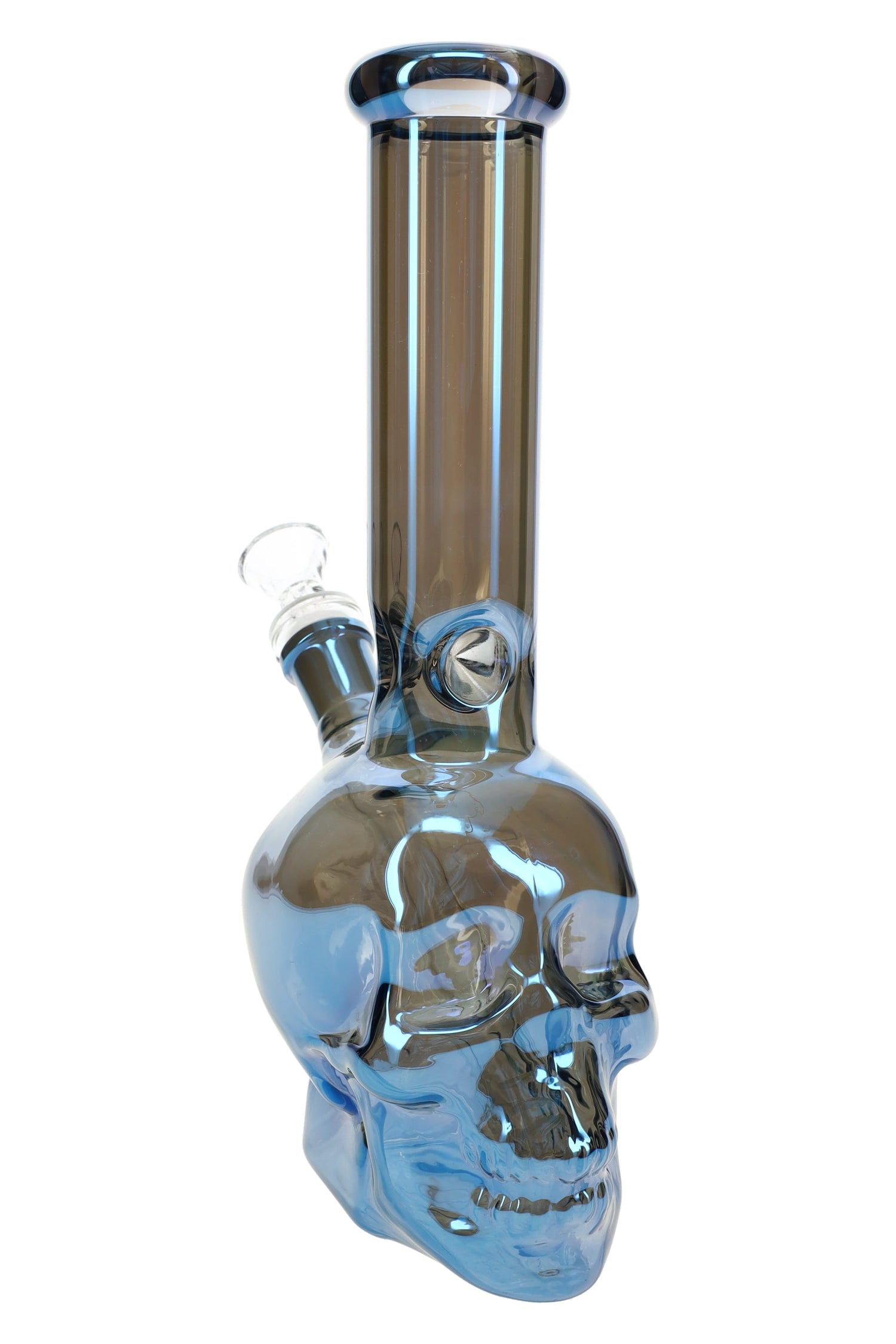10″ metallic glass skull bong with straight neck and glass-on-glass female joint, reflective blue finish on a sturdy skull base.