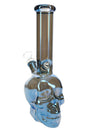 10″ metallic glass skull bong with straight neck and glass-on-glass female joint, reflective blue finish on a sturdy skull base.