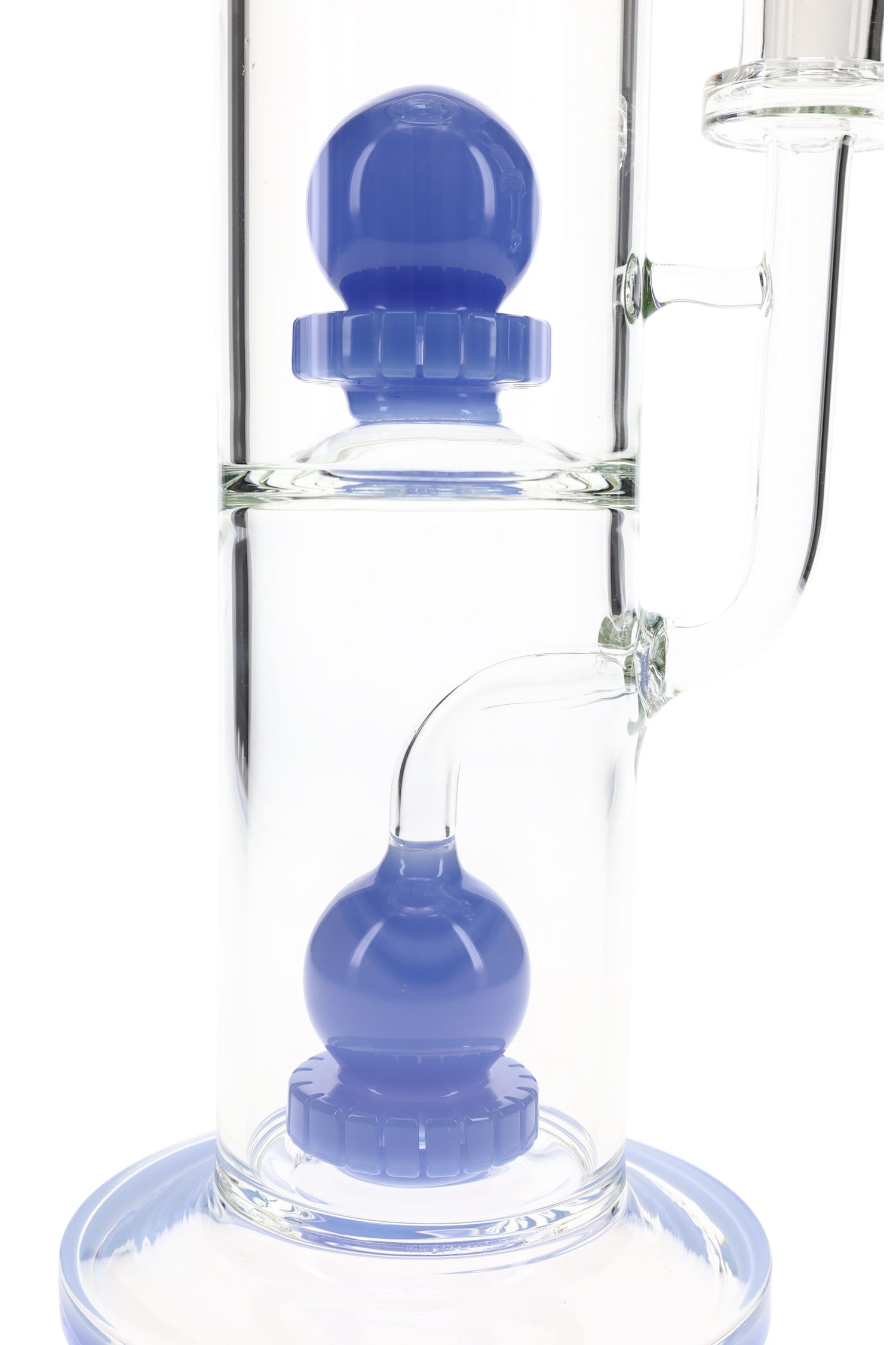 Close-up of lower chamber showing stacked blue sphere showerhead percs on a stemless 18″ straight tube water pipe.