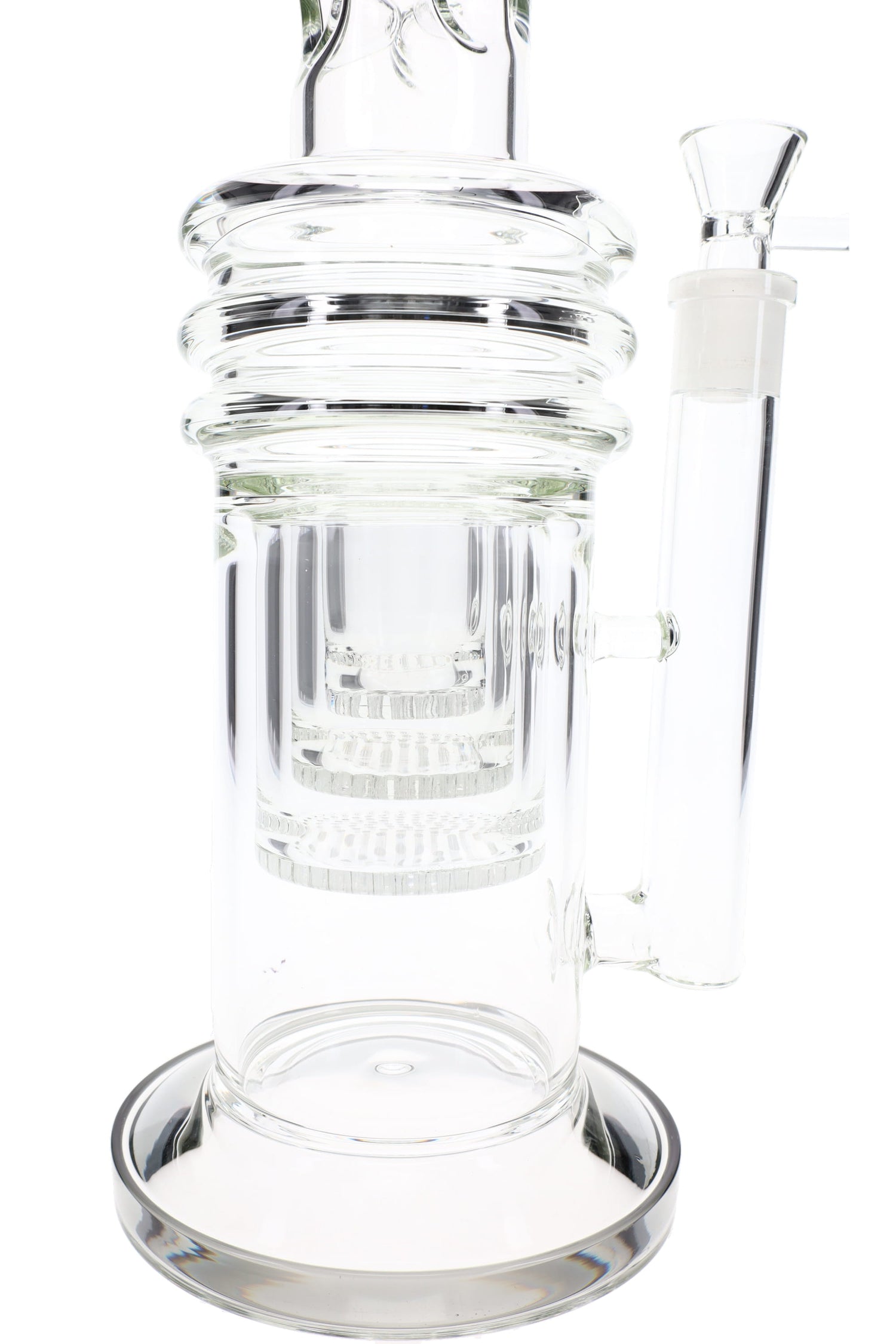 Close-up of honeycomb chamber and ribbed mid-section on an 18″ straight tube bong with glass-on-glass joint.