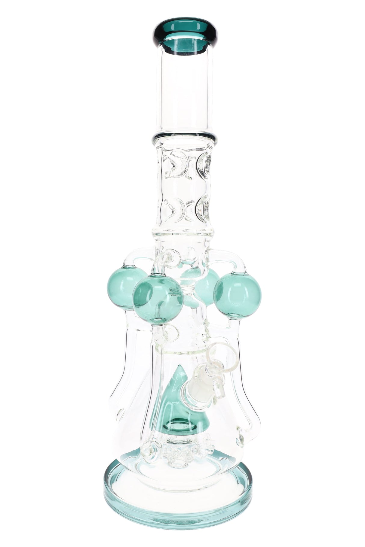 17″ clear recycler bong showing teal orb arms and cone accent, sprinkler perc, and wide stable base.