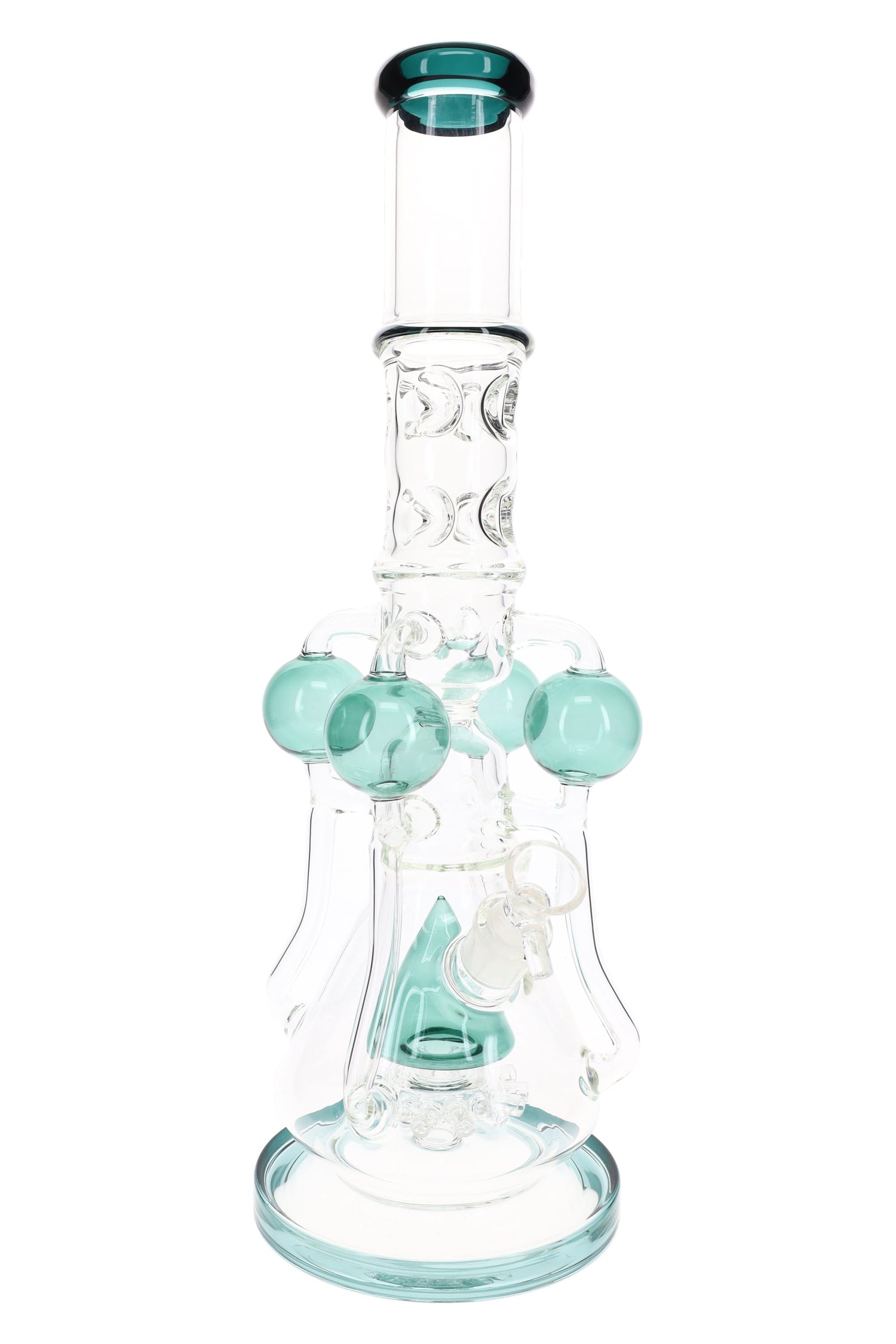 17″ clear recycler bong showing teal orb arms and cone accent, sprinkler perc, and wide stable base.
