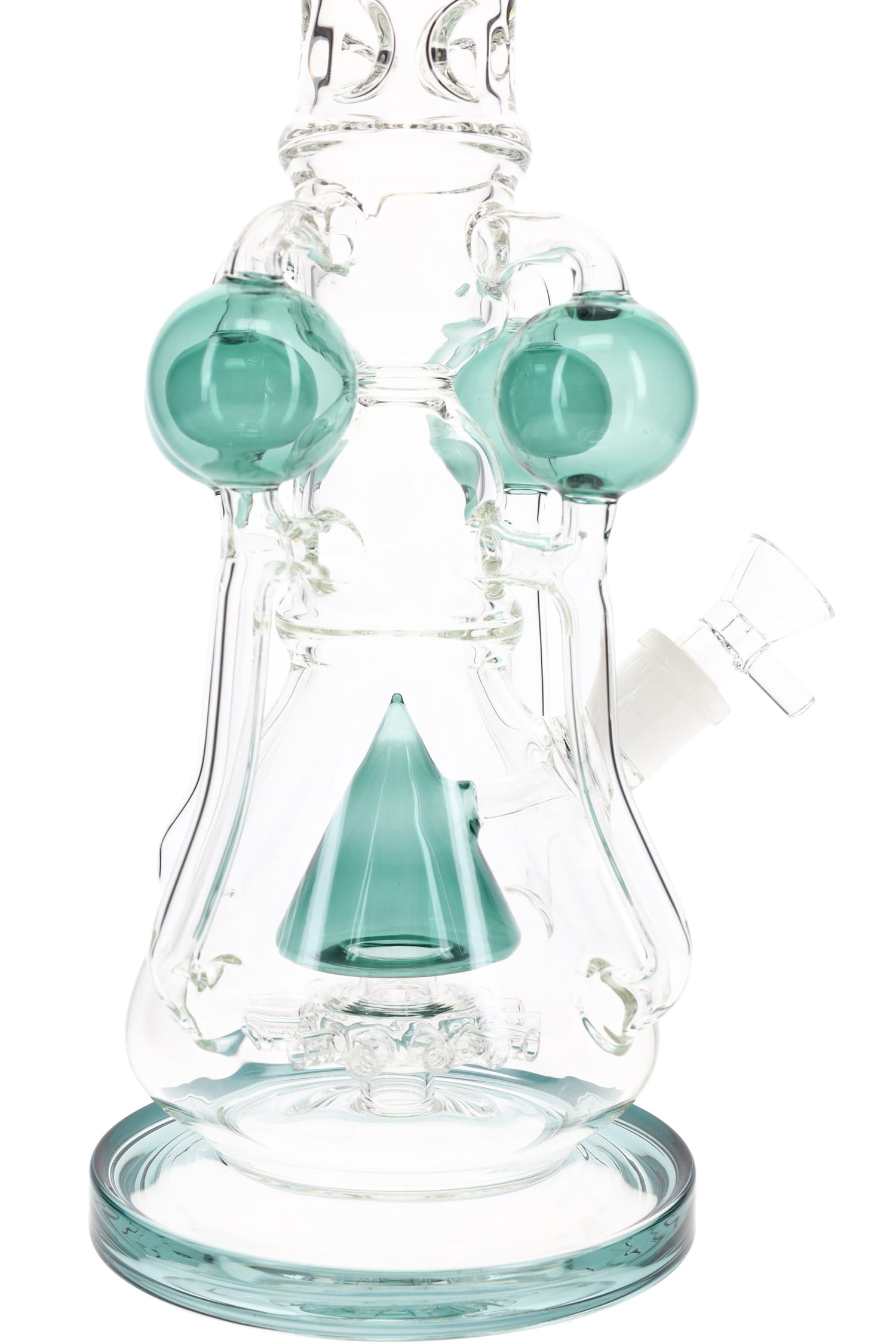Close-up of teal cone accent and orb recycler arms on a 17″ glass recycler water pipe with sprinkler percolator.
