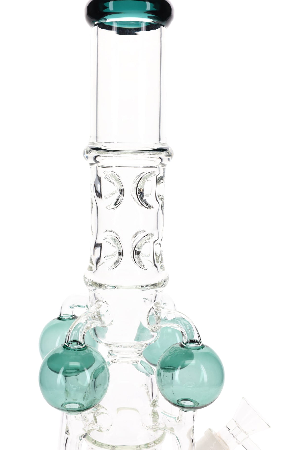 Detail of patterned neck and teal orb arms on tall glass recycler bong with GoG joint and blue mouthpiece ring.