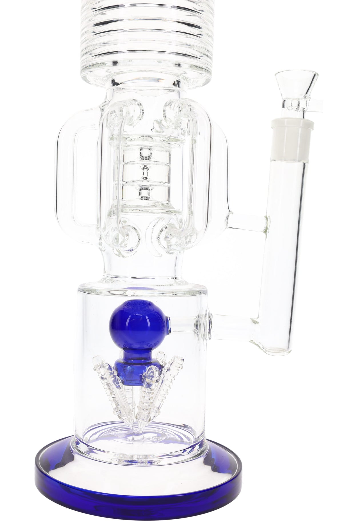Close-up of recycler section and lower chamber perc on a 19″ straight tube glass bong with color accents and GoG joint.
