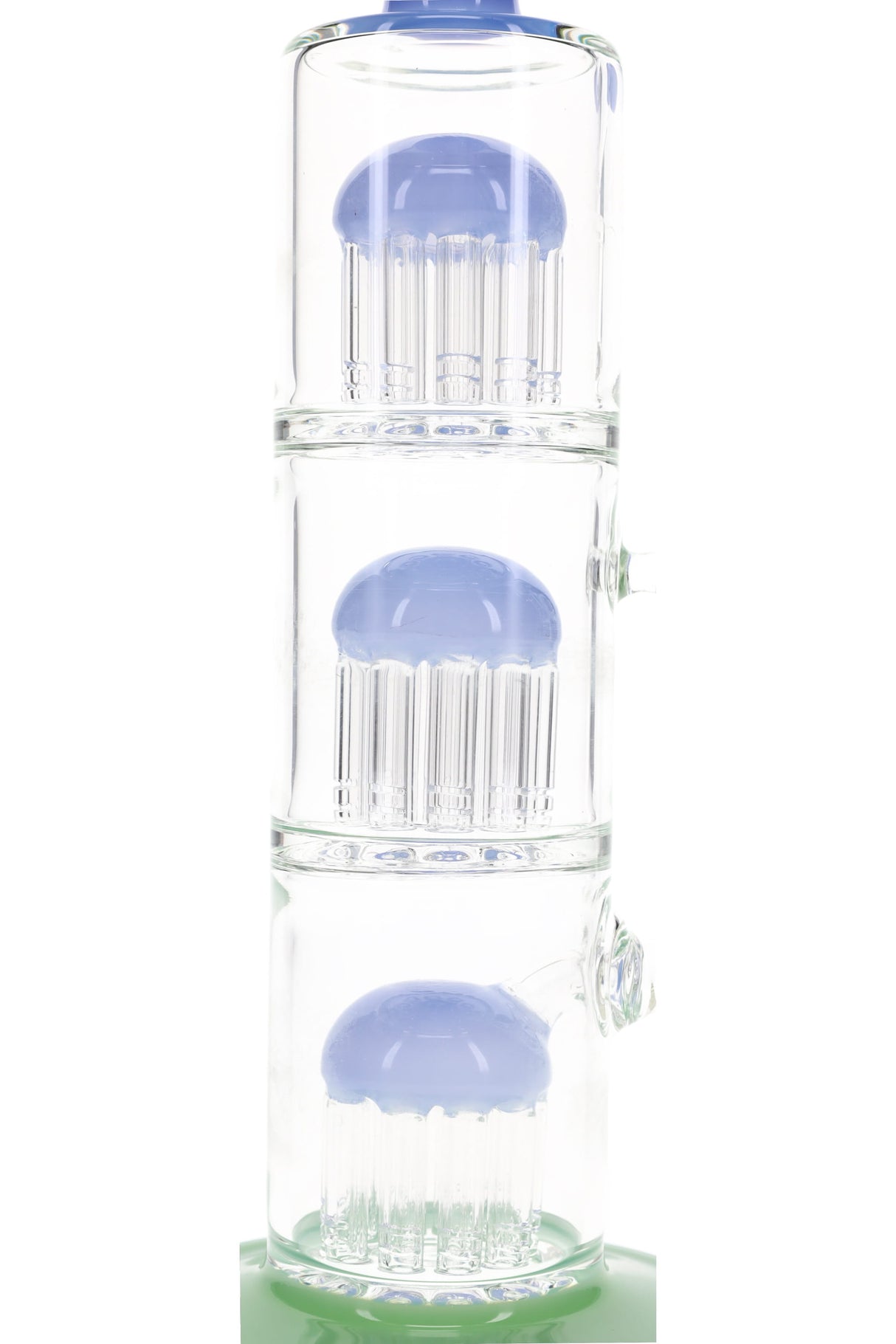 Close-up of stacked tree percs on a 13″ straight tube bong with color domes and slotted arms for diffusion.