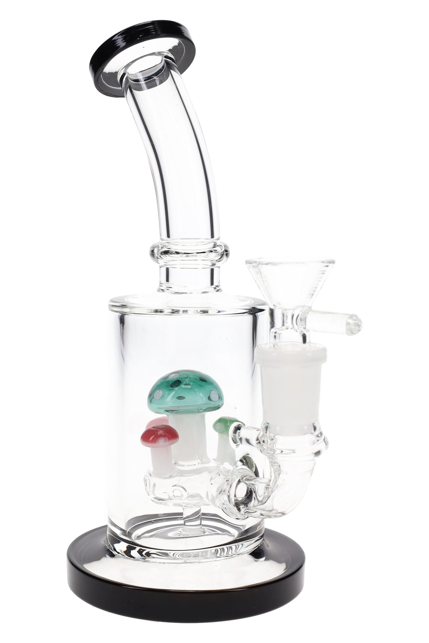 Compact 7″ stemless straight tube bong with mushroom perc, angled neck, GoG joint, and black-trimmed base and mouthpiece.