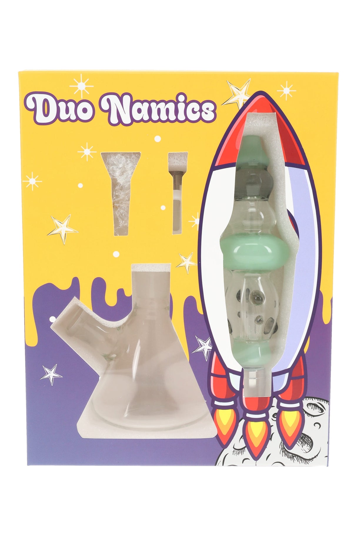 Retail box showing Duo Namics 2-in-1 glass water pipe and dab straw kit with base, bowl, dab tip, and colorful body insert.