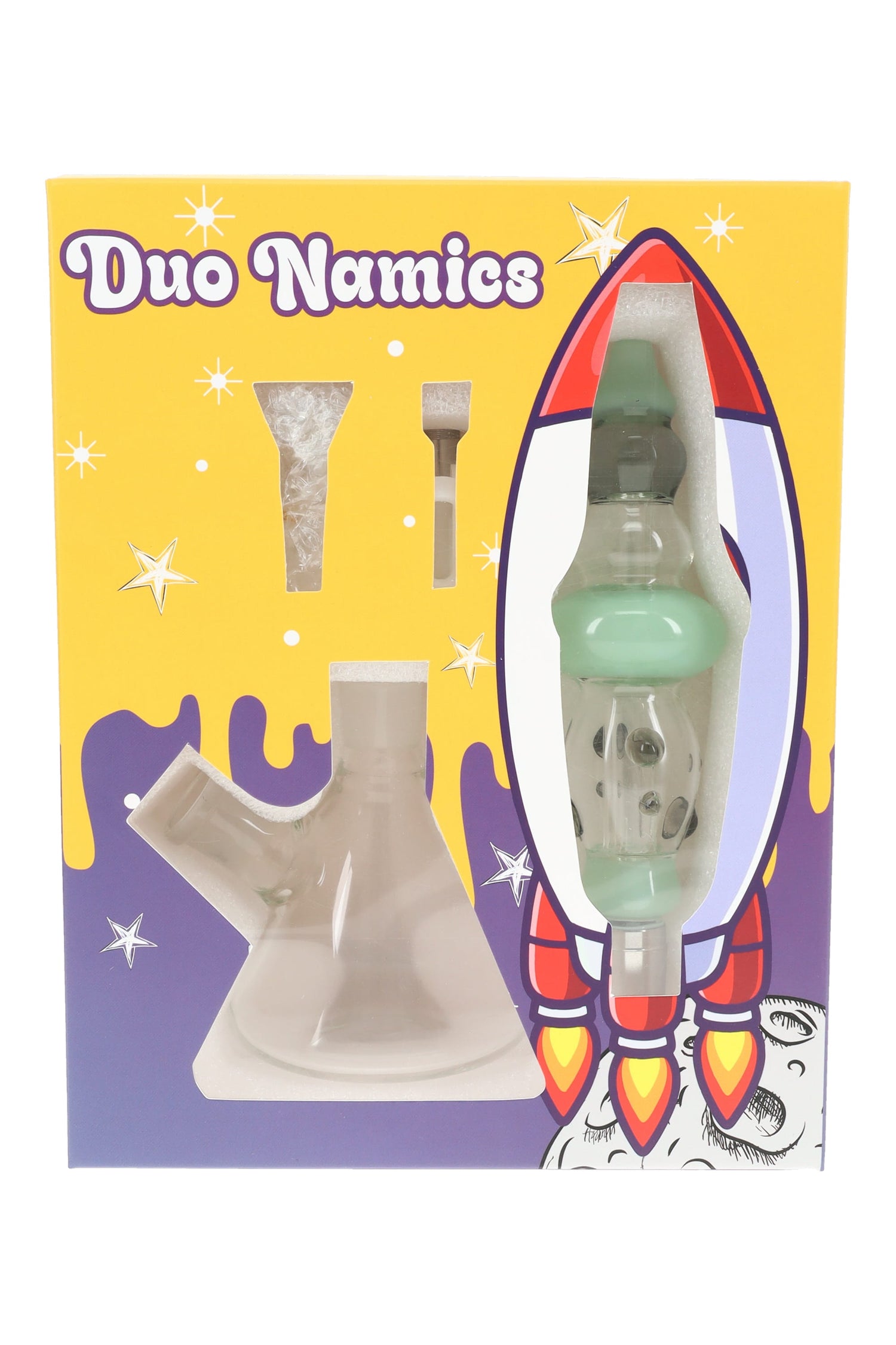 Retail box showing Duo Namics 2-in-1 glass water pipe and dab straw kit with base, bowl, dab tip, and colorful body insert.