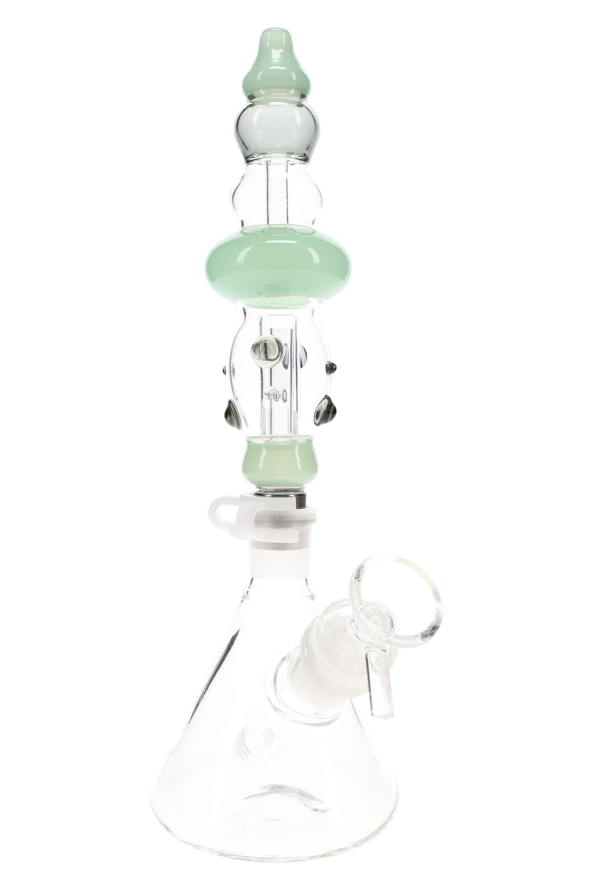 Close-up of one assembled Duo Namics water pipe with clear beaker base, colored midsection, keck clip, and handled bowl.