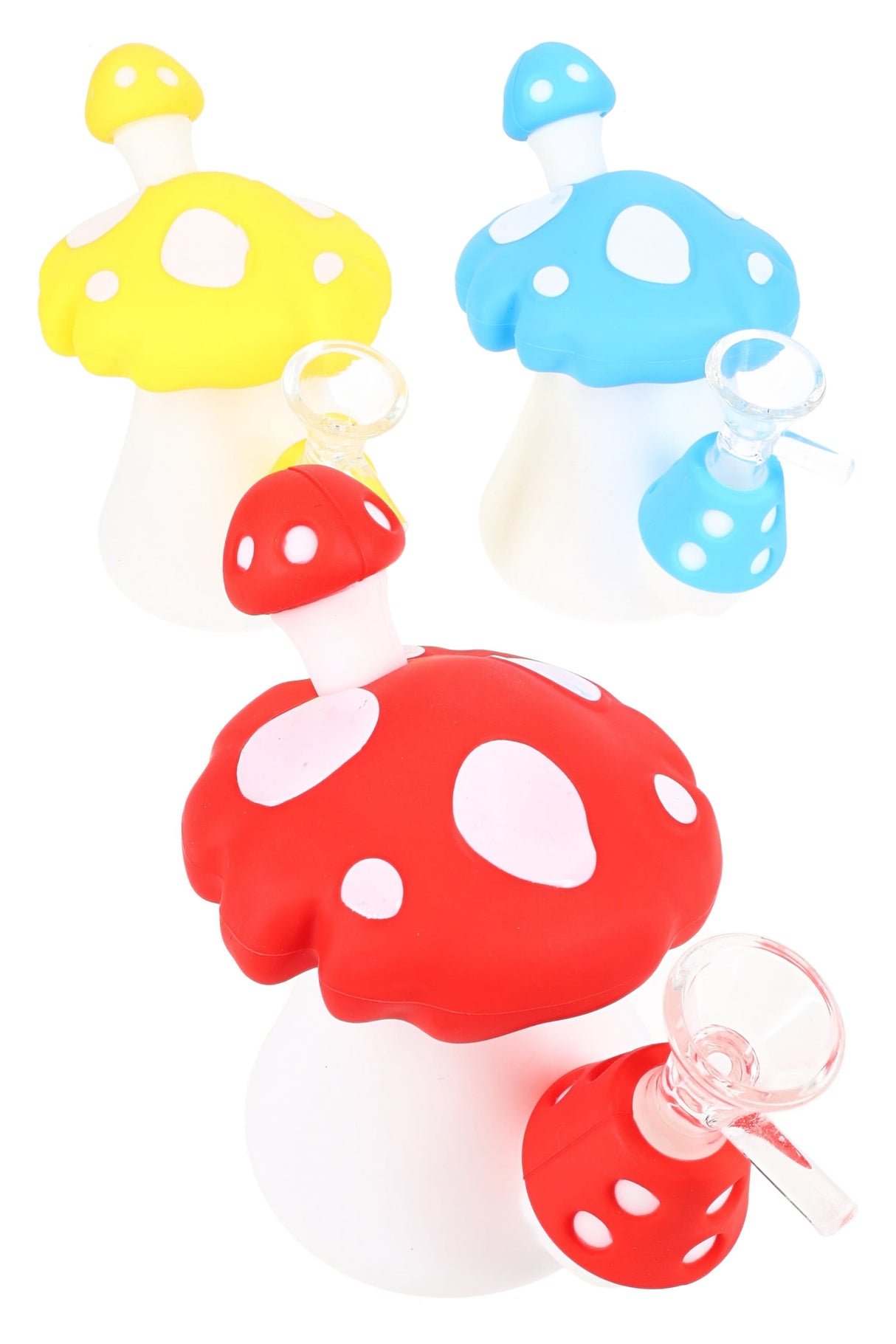 5 inch colorful silicone mushroom mini bong with removable clear glass bowl, shown in red, yellow and blue assorted designs on white background