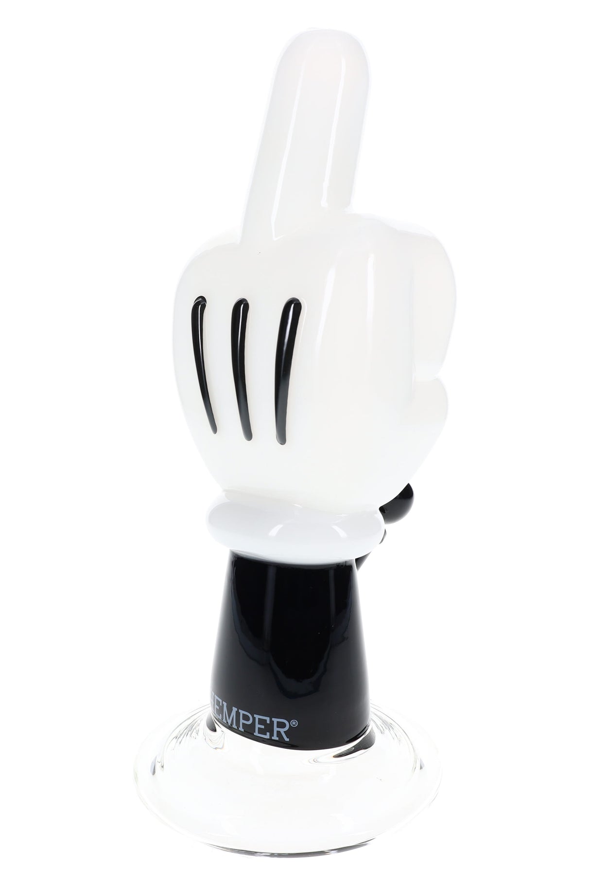 White Hemper High Jinx cartoon hand glass bong shaped like a middle finger on black base with clear foot on white background.