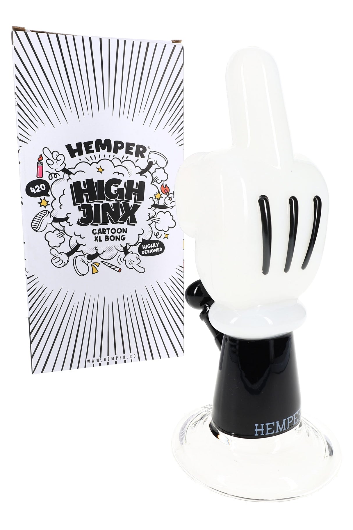 Hemper High Jinx Cartoon Hand XL glass bong standing beside comic-style High Jinx box, ready for display on bright white backdrop.