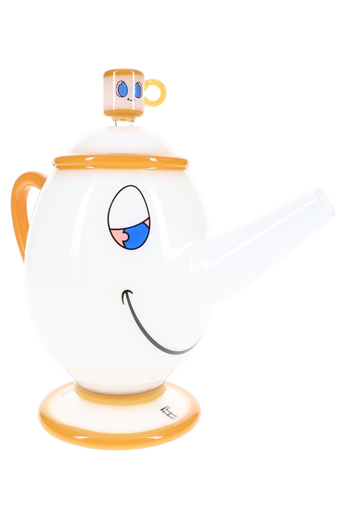 Opaque white Hemper Tea Pot XL 8″ glass bong with golden base, handle and long spout mouthpiece on a bright white background.