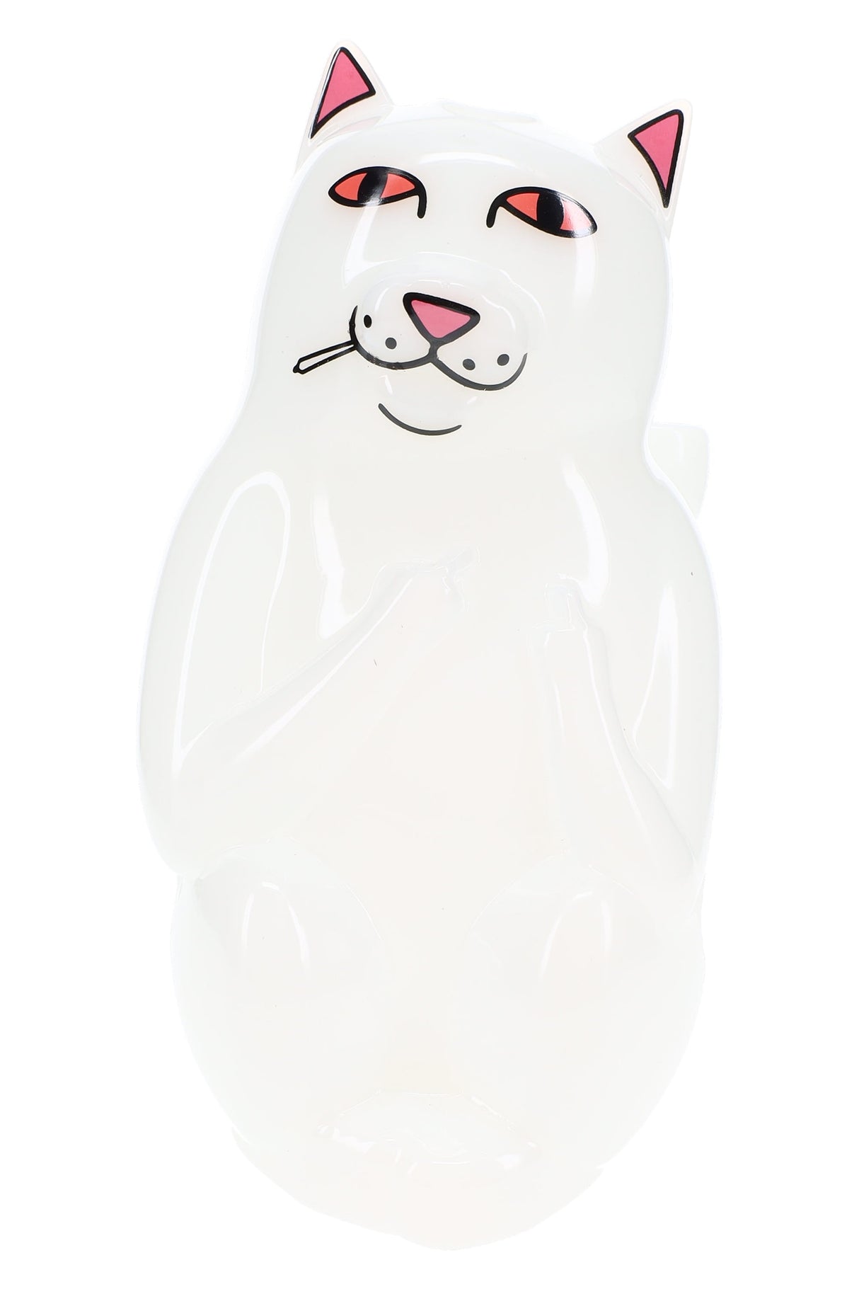 Close-up front view of High Nermal white cat bong with pink ears, red eyes and jointed tail bowl detail on clean white studio backdrop.