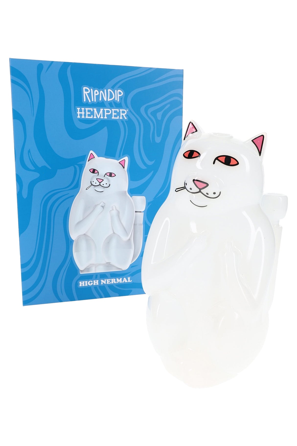 Angled shot of RIPNDIP x Hemper High Nermal cat bong posed in front of swirling blue gift box labeled High Nermal, ready for gifting.