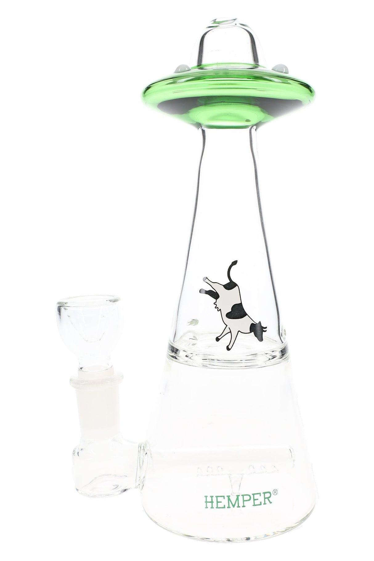 Green-top Hemper UFO Vortex novelty glass bong with dual chambers, cow decal and fixed 14.5 mm joint with rounded herb bowl.