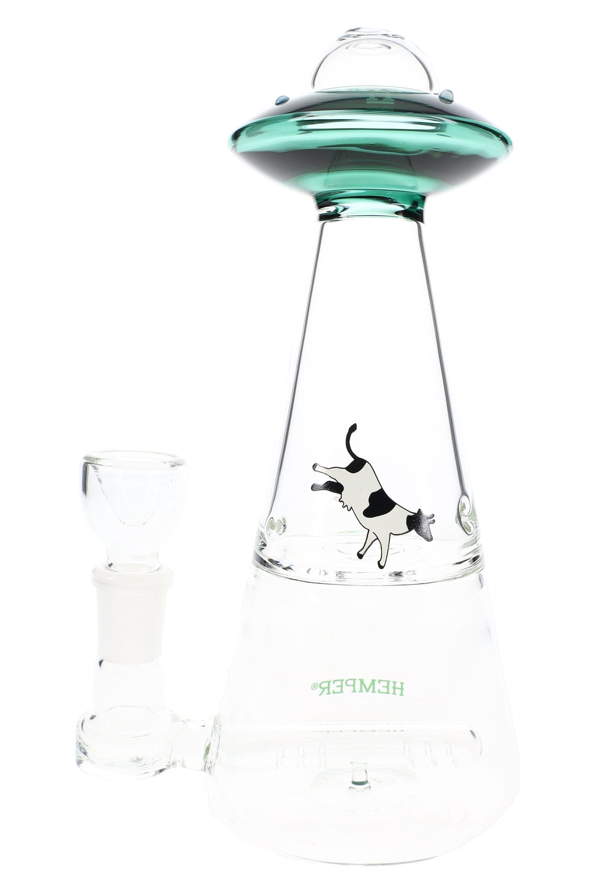 Teal-saucer Hemper UFO Vortex glass bong highlighting venturi inlets, tapered cone body and clear base ready for water filtration.