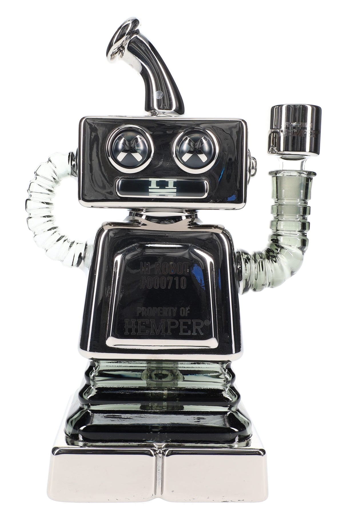 Chrome Hemper Hi-Robot XL recycler glass bong standing upright, 8.75 inch robot body with curved mouthpiece and coiled arm.