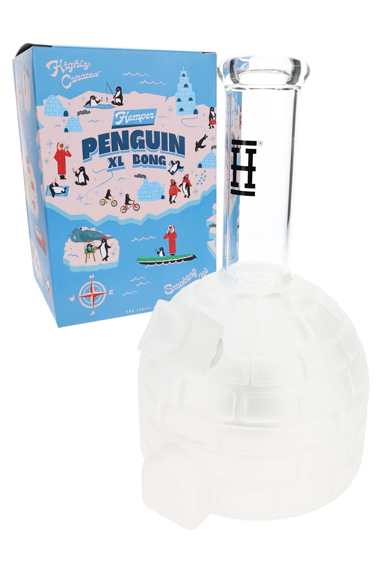 Hemper Penguin XL igloo glass bong angled in front of its blue arctic-themed gift box, showing recessed joint and tall clear neck for online display.