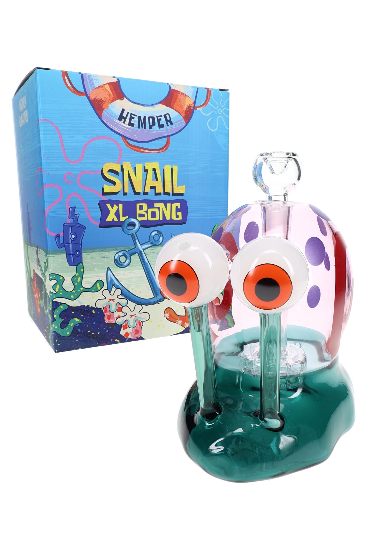 Hemper Snail XL glass bong in teal and pink posed beside bright undersea “Snail XL Bong” box, angled shot highlighting tall eyeball stalks.