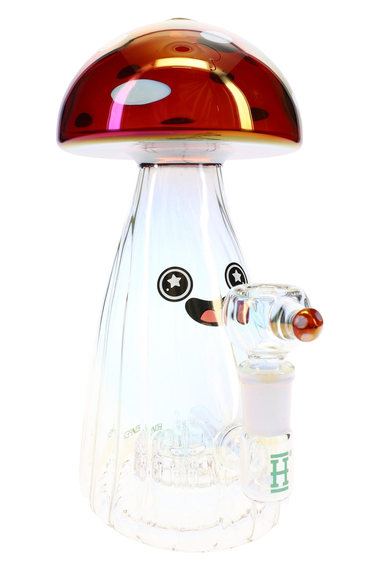 Front view of Hemper 9.5″ Trippy Shroom XL glass bong with red iridescent mushroom cap and smiling face on clear scalloped body.