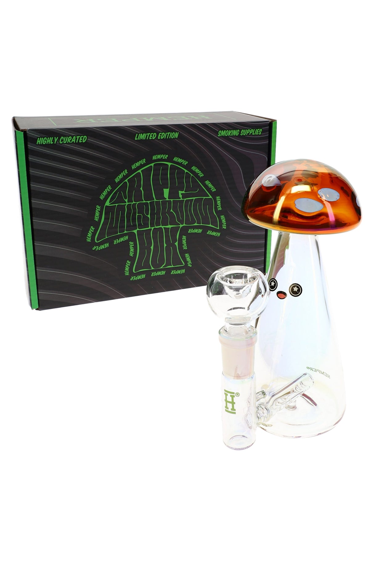 Hemper Trippy Shroom 6-inch iridescent mini bong with red mushroom cap and bowl standing in front of black and green Trippy Mushroom box.