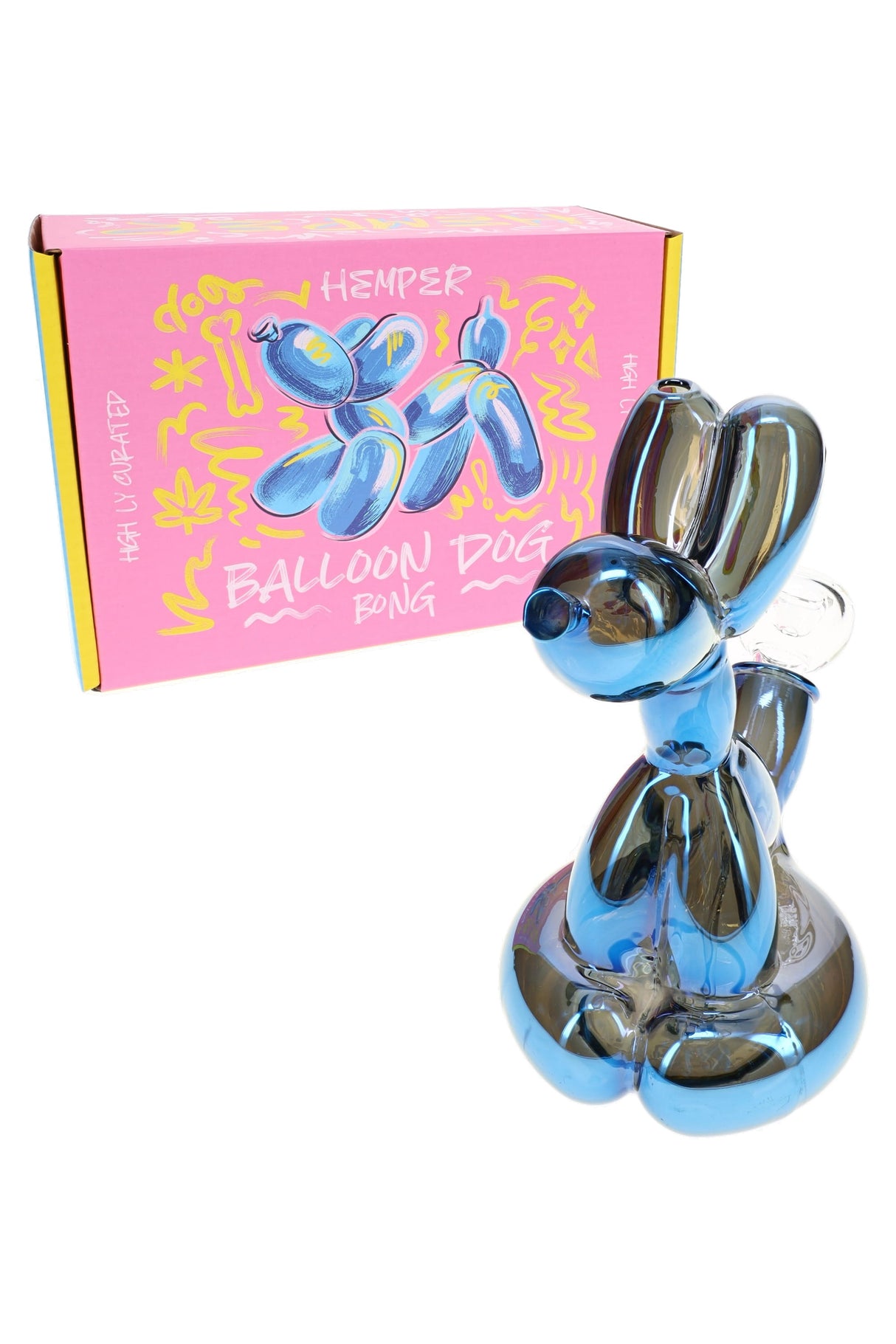Hemper Balloon Dog 5.5-inch blue glass bong standing beside bright pink Balloon Dog Bong box with cartoon artwork on white background.