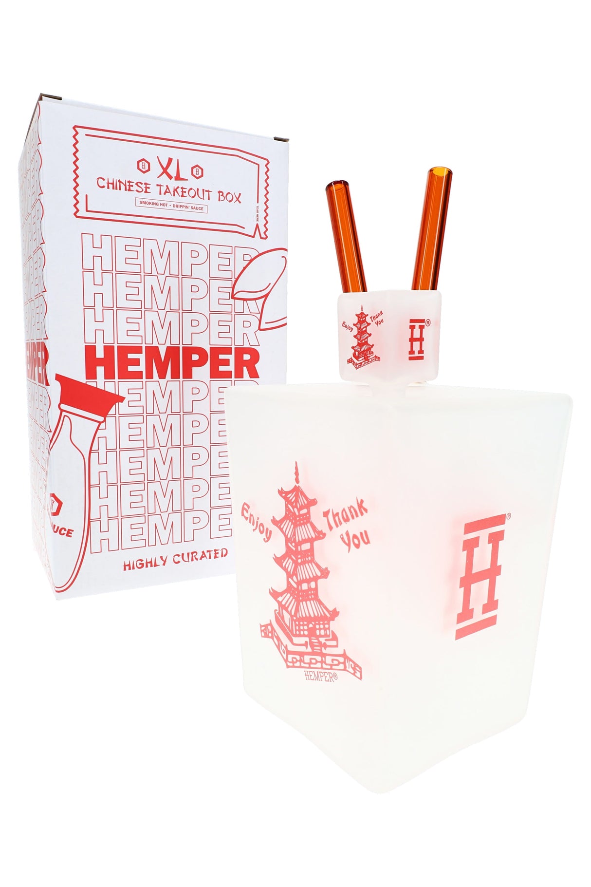 Hemper Chinese Takeout Box XL 9-inch frosted glass bong posed in front of tall white and red XL box packaging, studio product display.