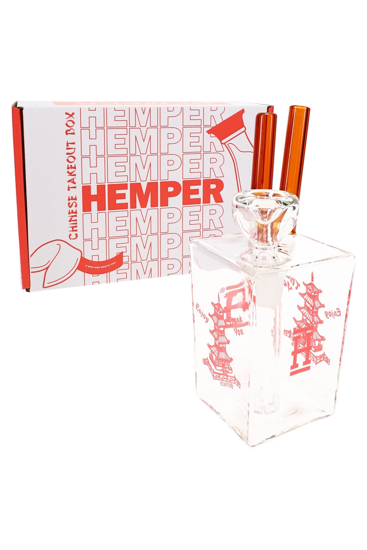 Hemper 6-inch Chinese Takeout Box bong standing beside white and red branded box, showing compact square body and chopstick-style mouthpiece.