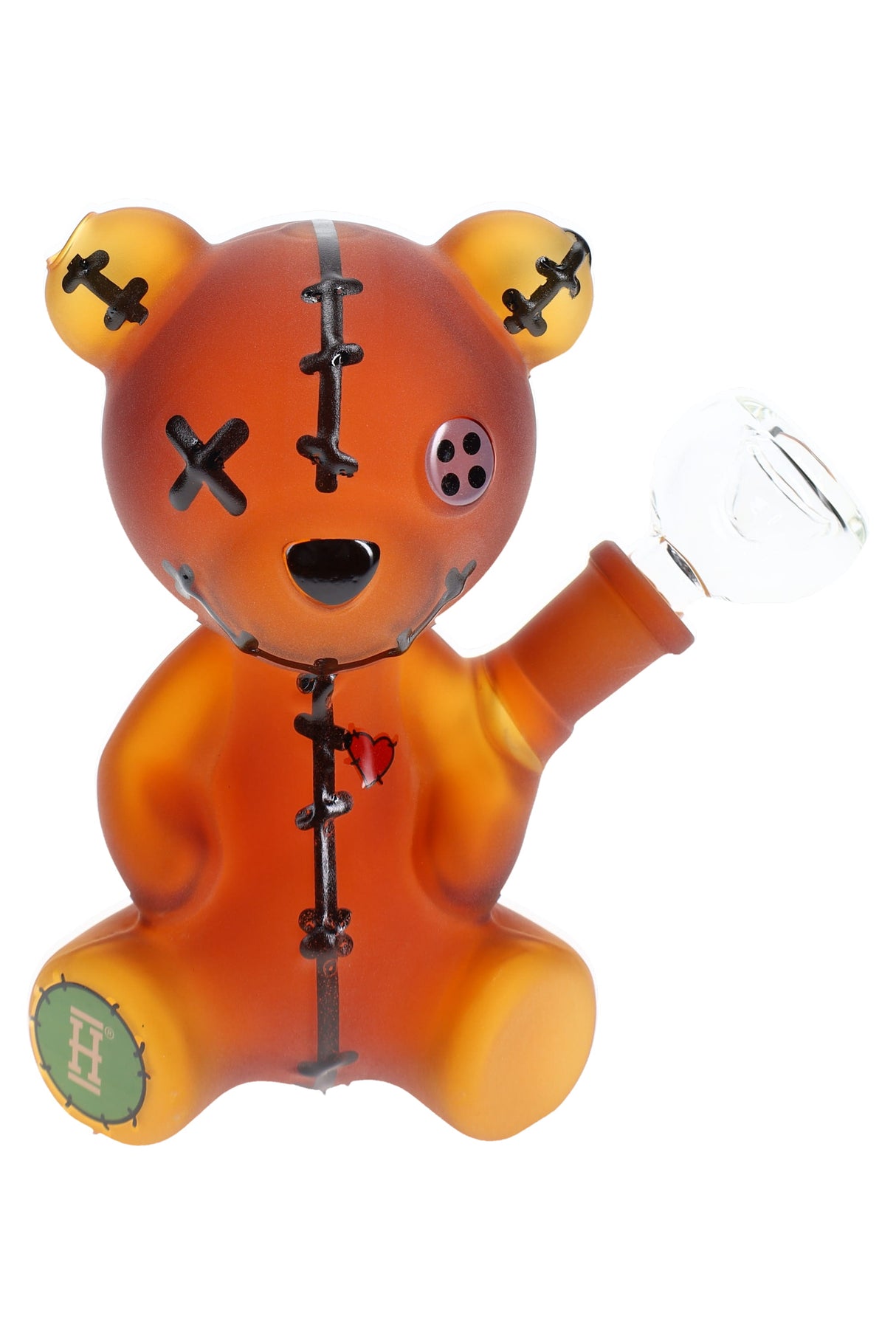 5.5-inch Hemper Scare Bears amber teddy bear glass bong with stitched details, button eye and clear bowl, front angle on white background.