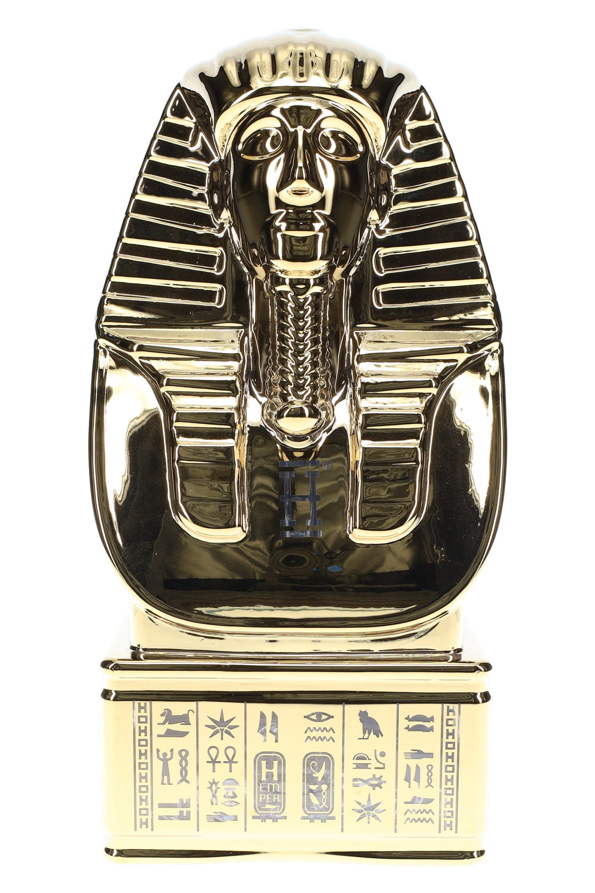 Gold Hemper Ancient Egypt XL 9.5-inch pharaoh bust glass bong with hieroglyphic pedestal base, straight front view on bright white background.
