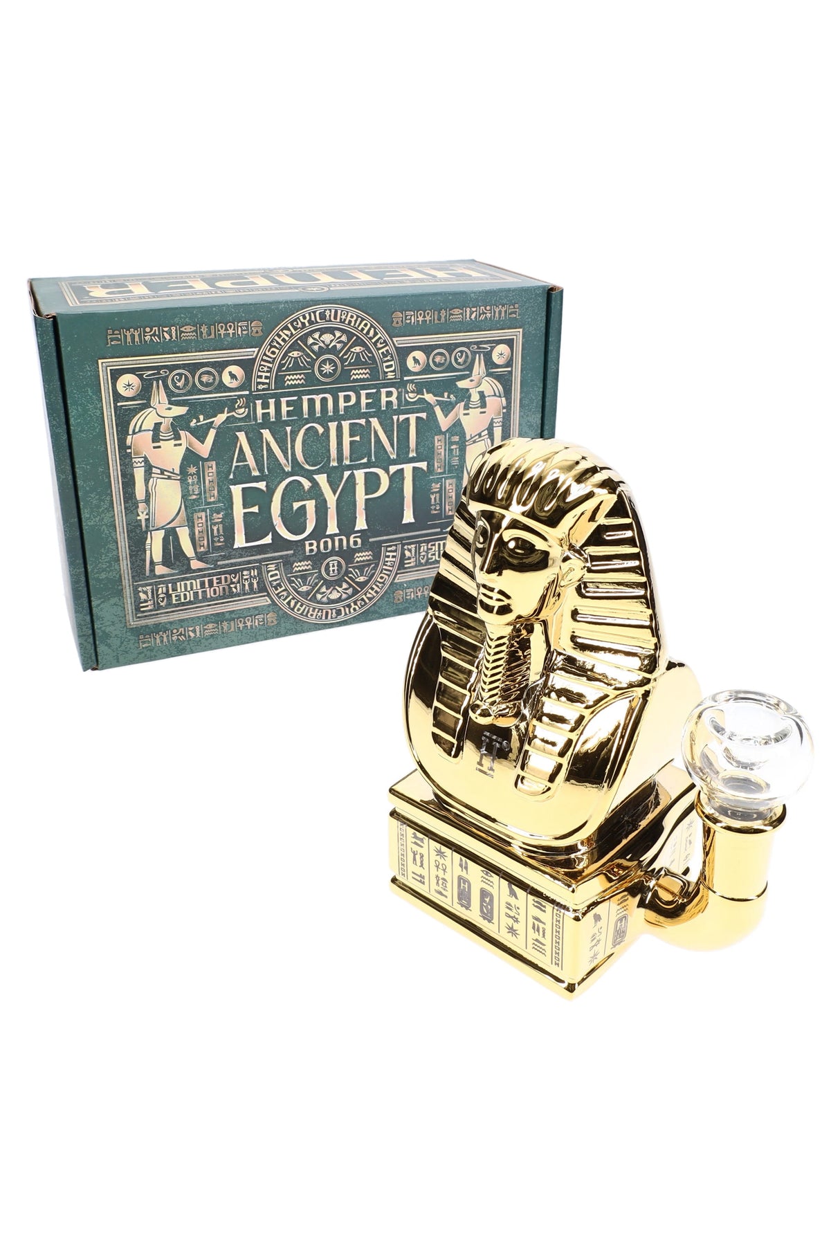 Gold Ancient Egypt glass bong standing beside teal retail box, showing pharaoh bust design and hieroglyphic plinth.