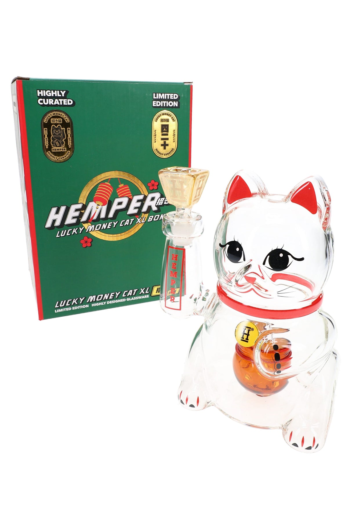 Hemper Lucky Money Cat XL 7-inch glass bong posed beside green retail box, showing Maneki Neko design and gold brick bowl.