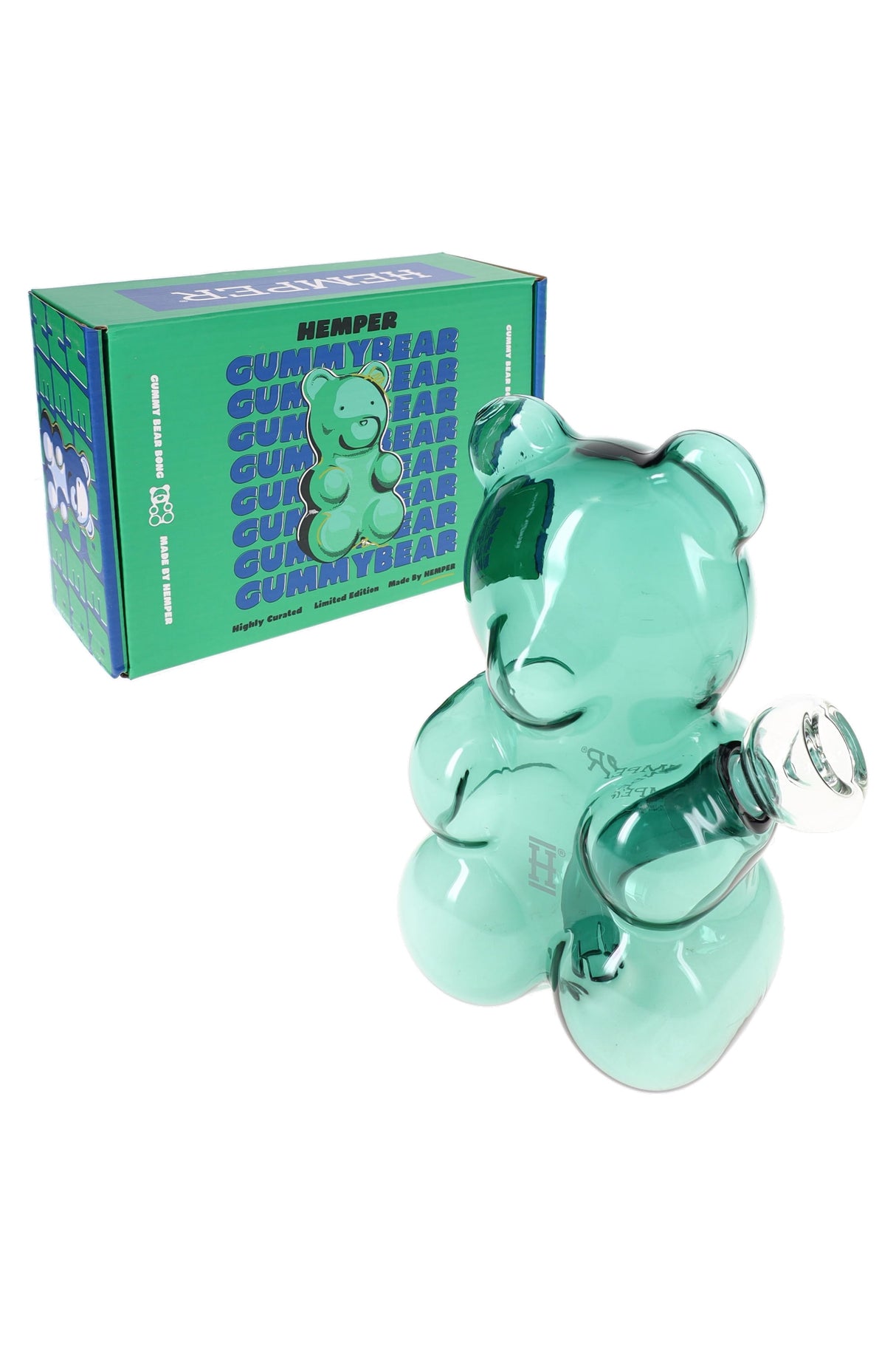 Angled view of teal Hemper Gummy Bear 6.5″ glass water pipe in front of matching blue-and-green Gummy Bear box for retail display.