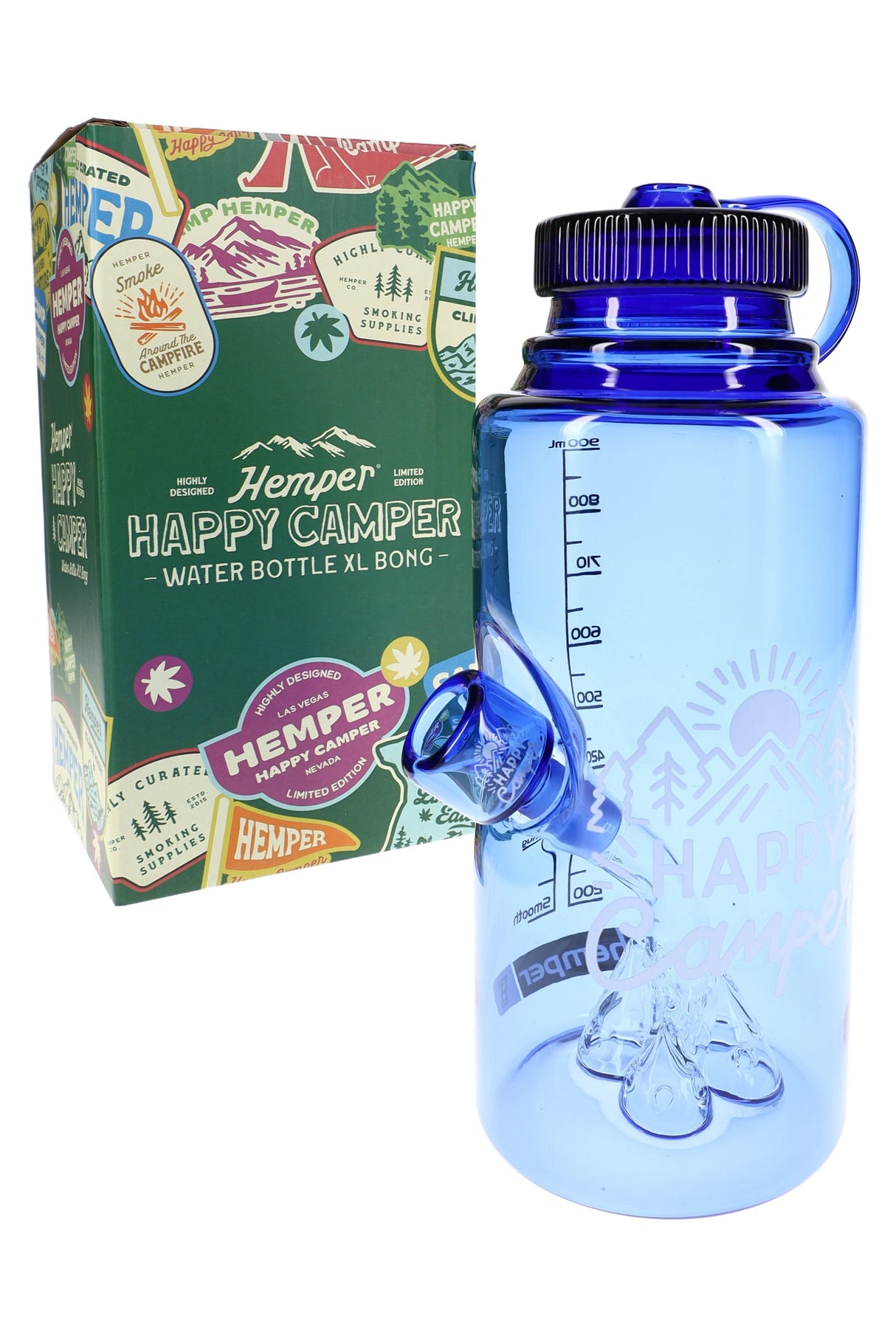 Hemper Happy Camper Water Bottle XL glass bong in blue posed beside sticker-covered green retail box, angled product view.