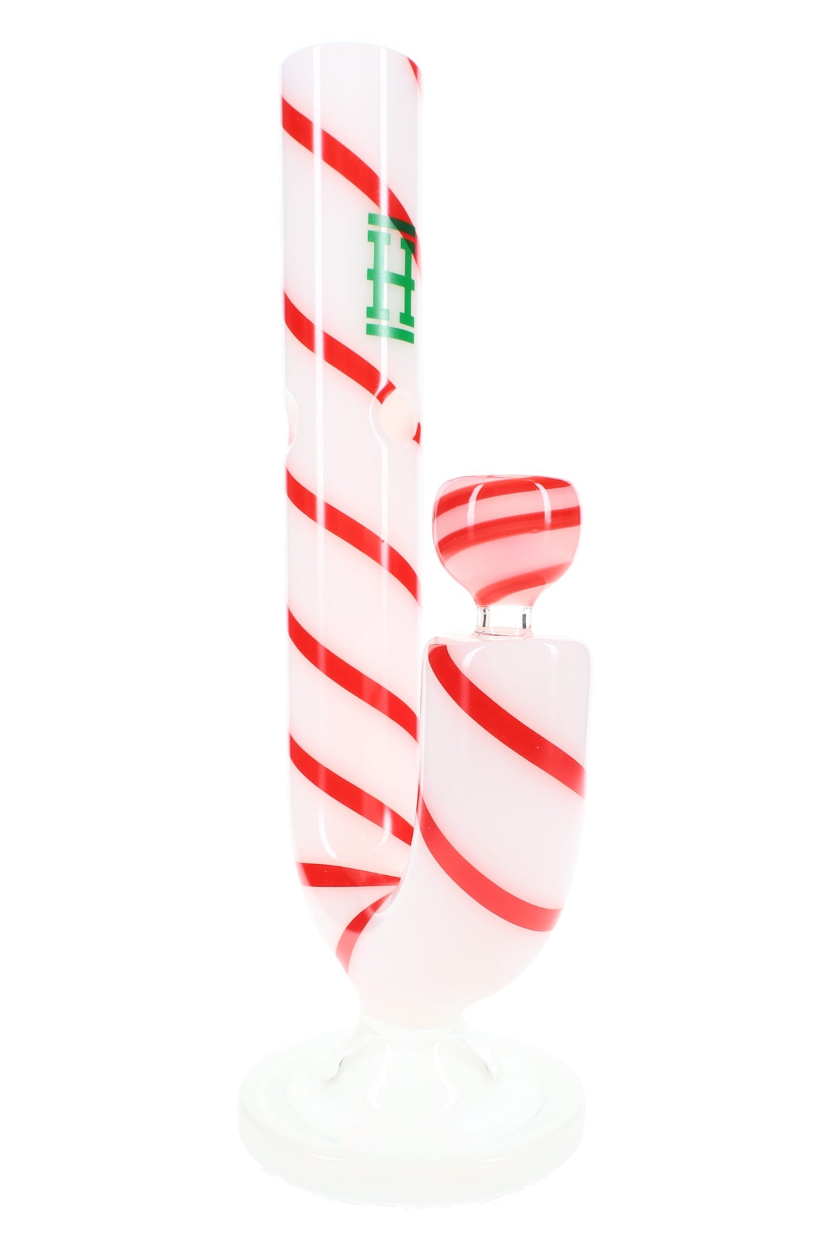 White Hemper Candy Cane XL glass bong with red peppermint swirl stripes and matching bowl on round pedestal base, side view.