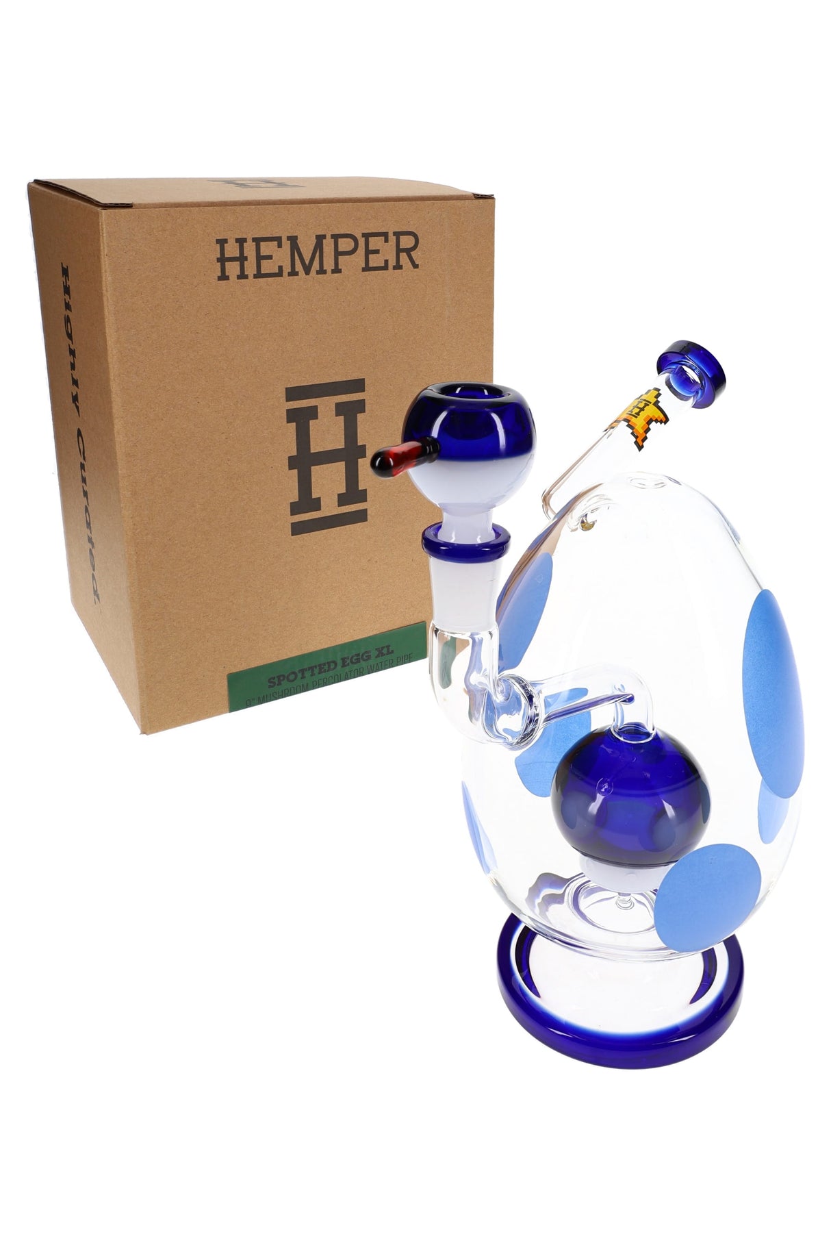 Hemper Spotted Egg XL glass bong with blue spots and mushroom perc posed beside branded shipping box, angled studio view.
