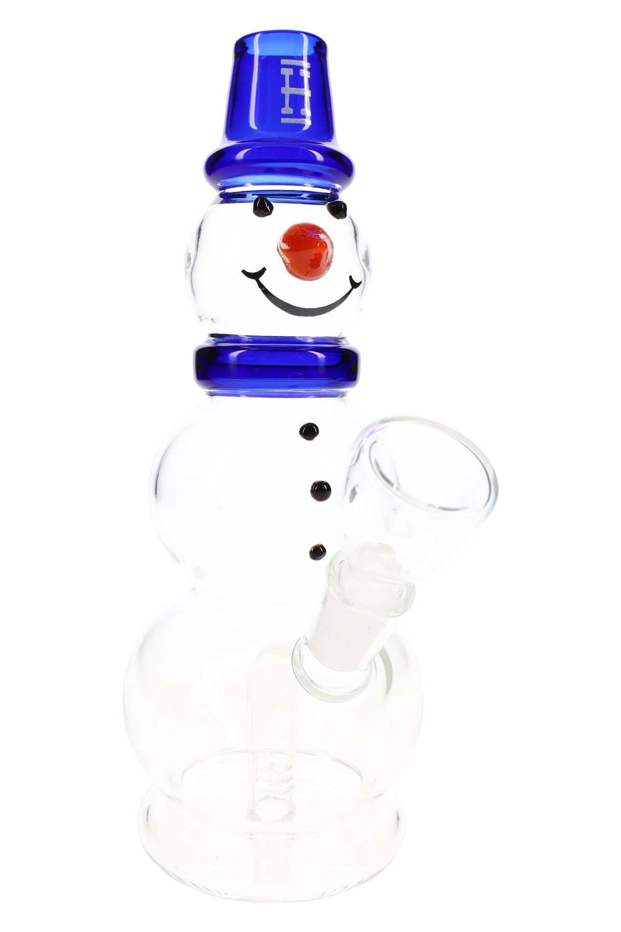 Hemper 8-inch snowman glass bong with blue hat, carrot nose and clear angled bowl on a white background.