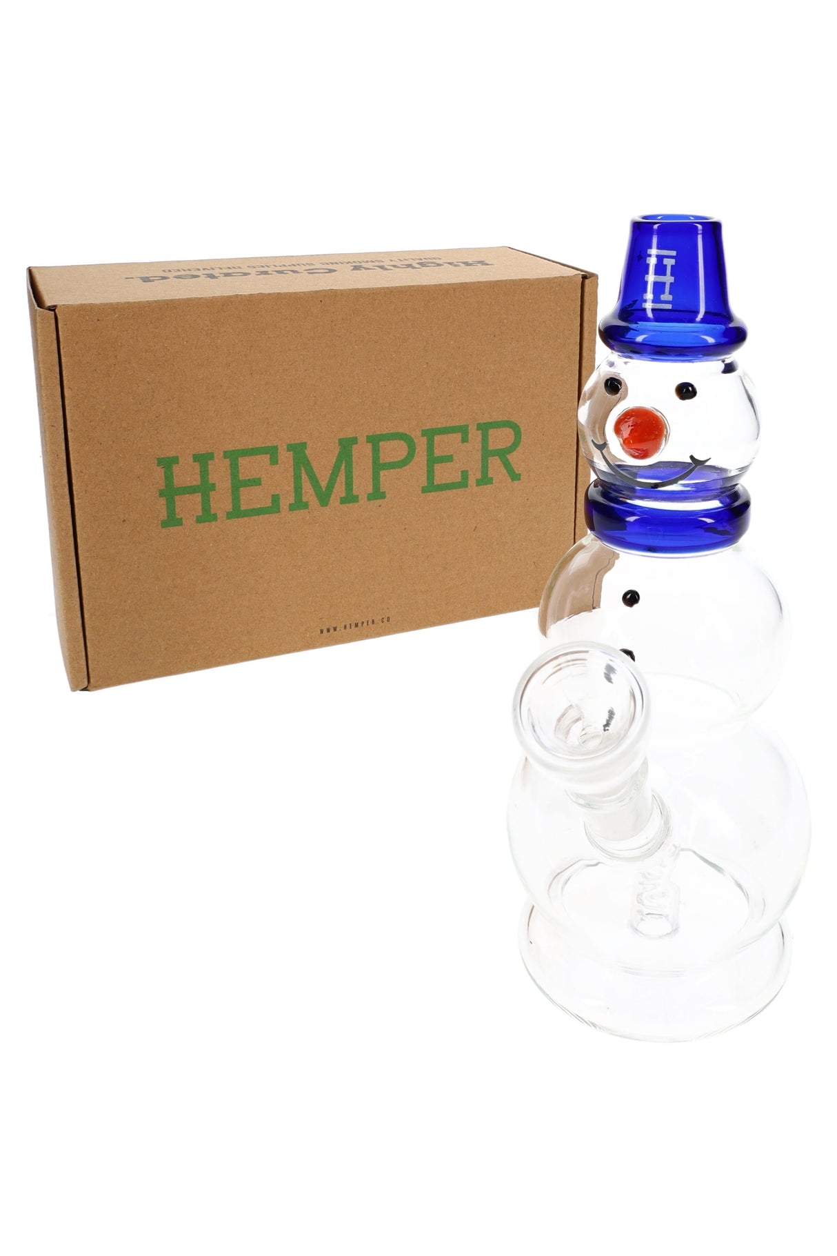 Hemper snowman glass bong posed in front of brown Hemper box, showing gift-ready holiday packaging.