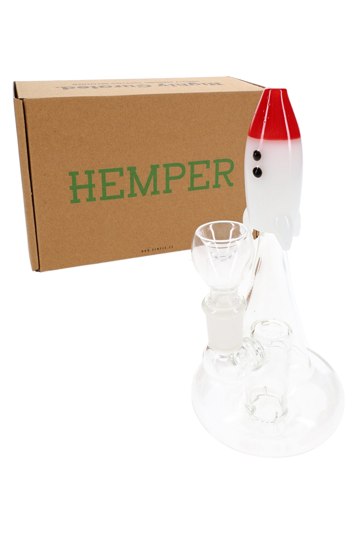 Hemper Blast Off Rocket glass bong standing in front of brown Hemper box, showing clear tapered base and included flower bowl.