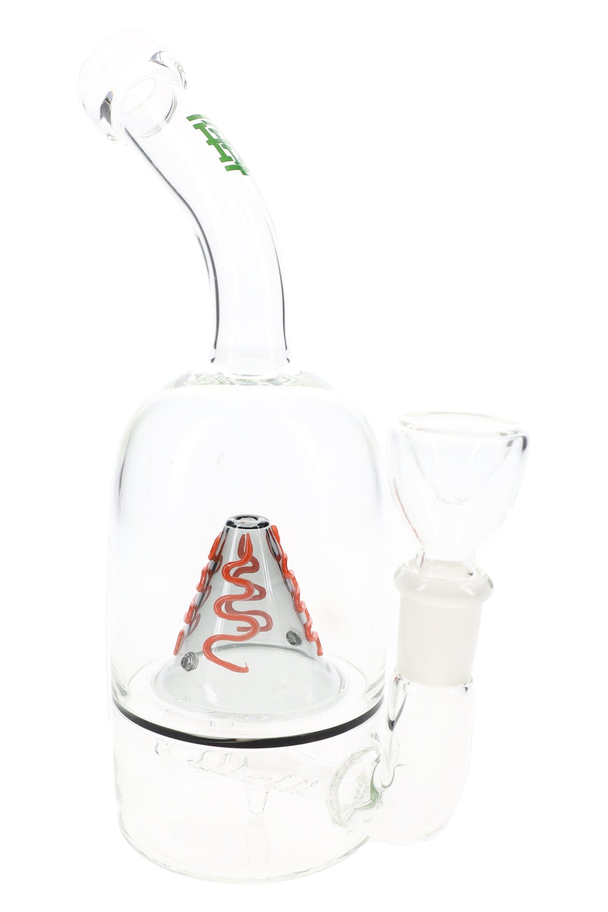 Clear 7-inch Hemper Volcano glass bong with orange lava cone, inline perc, curved mouthpiece and 14.5 mm bowl on white background.
