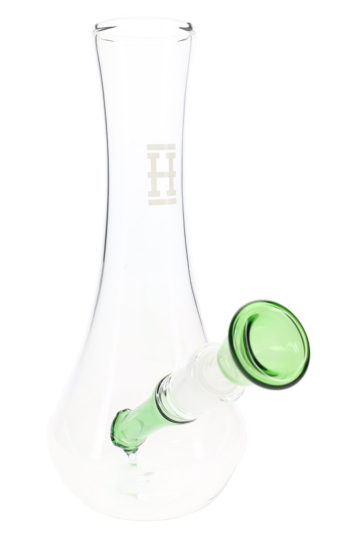 Clear Hemper 7-inch vase glass bong with green angled downstem and wide flared base, subtle H logo on neck, on white background.