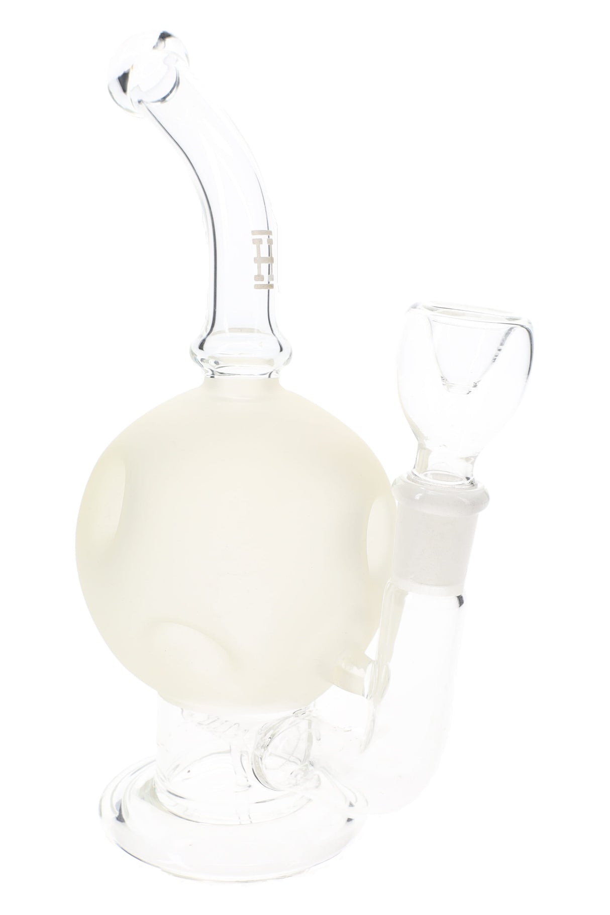 Frosted white Hemper Full Moon 7-inch glass bong with cratered sphere chamber, bent neck and clear 14 mm bowl on a round base.