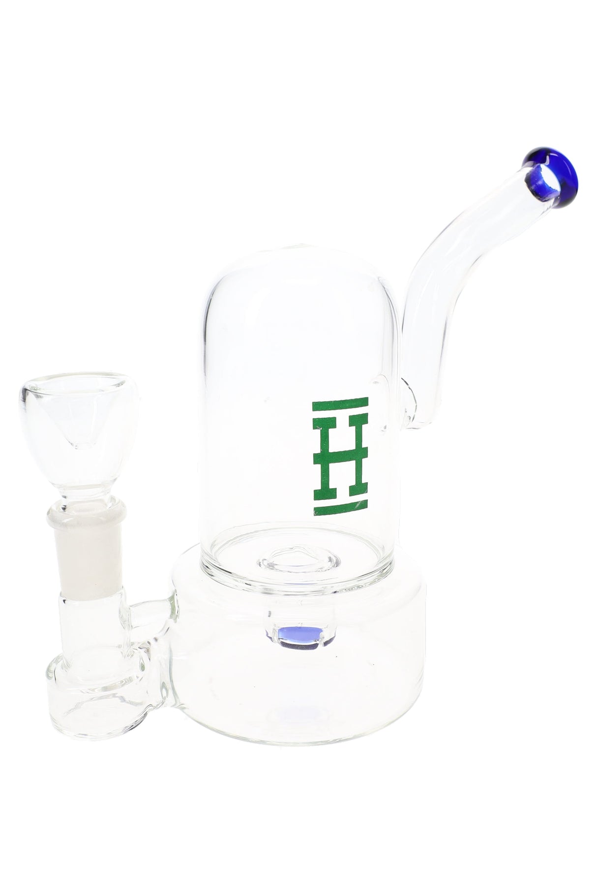 Hemper 7-inch bell bong with clear dome and blue-accent mouthpiece, compact glass water pipe with side-mounted bowl on white.