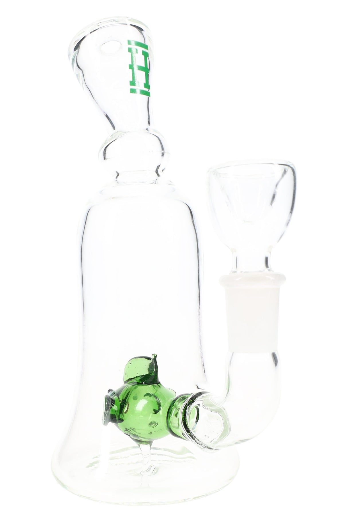Clear 6″ Hemper glass bong with green fish percolator and flared base, stemless 14.5 mm joint and bowl included