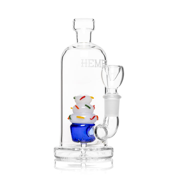 Side angle of cupcake perc mini bong showing cupcake diffuser detail inside clear chamber and stable flared base