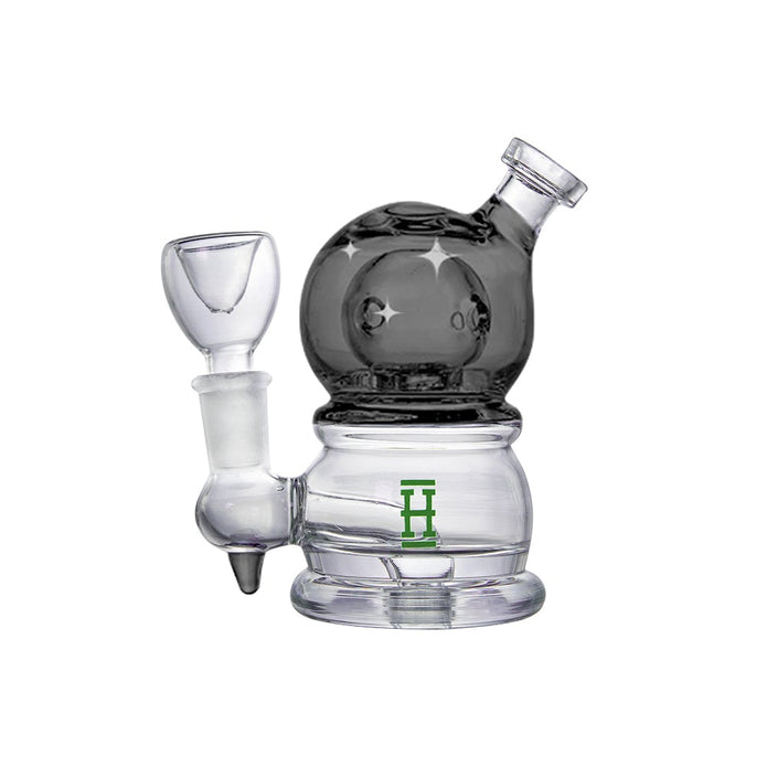 Side angle of crystal ball perc bong showing spherical diffuser detail inside clear chamber and stable flared base