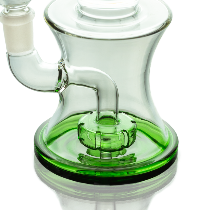 Close-up of showerhead percolator inside Hemper Hourglass V2 bong base, angled slit diffusion detail