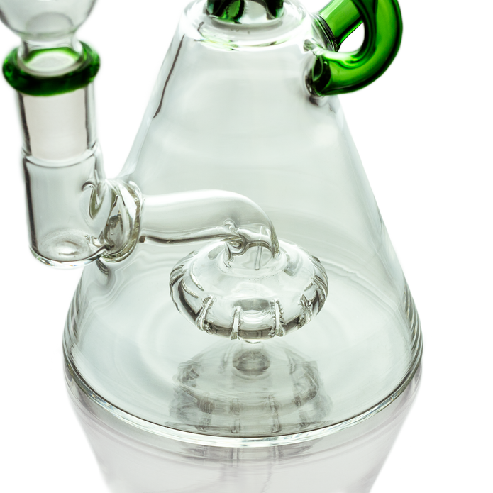 Close-up of showerhead percolator inside Hemper Cyberpunk bong base, diffusion detail for smoother filtered pulls